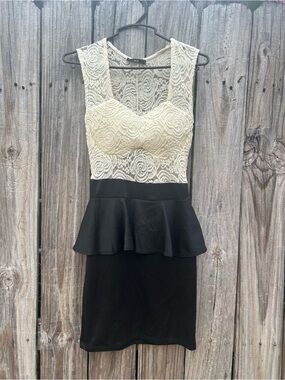 Lace Bodice Peplum Dress in Ivory and Black